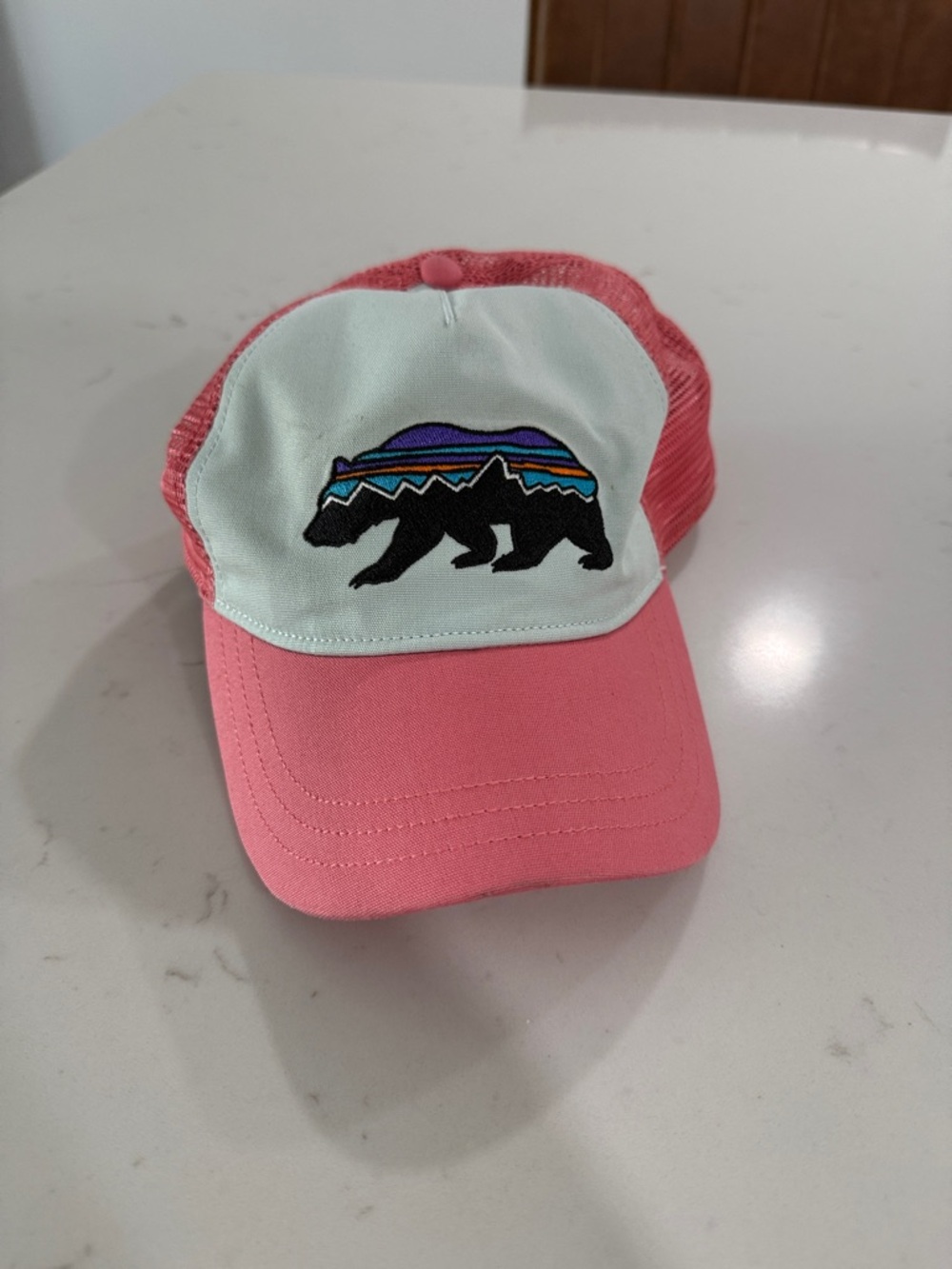 Patagonia Pink and Light Mint Trucker Hat with Bear Patch